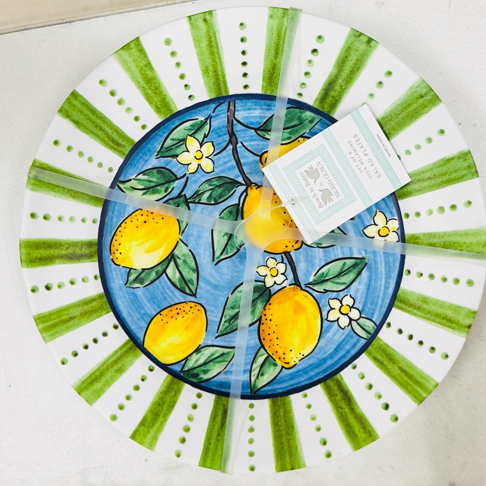 Lemon and Green Striped Salad Plate 9” Sigrid Olsen 4-Set Melamine